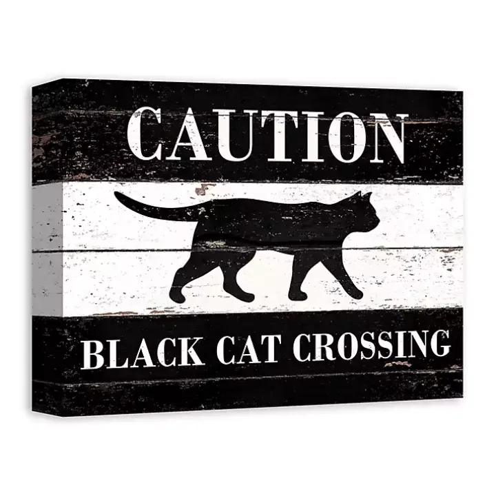 Caution Black Cat Crossing Halloween Canvas Print