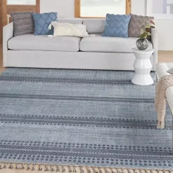 Charcoal and Blue Stripes Fringe Area Rug, 7x10