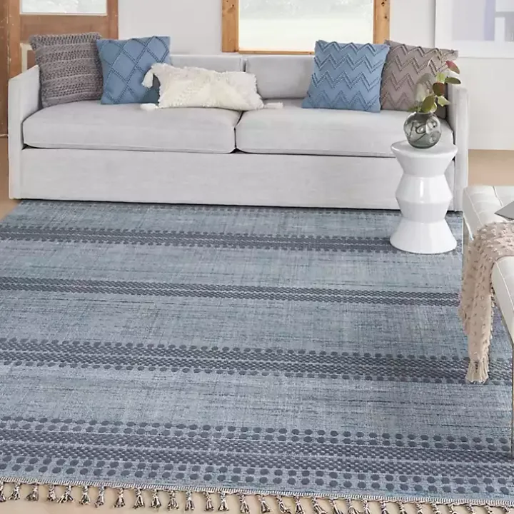 Charcoal and Blue Stripes Fringe Area Rug, 7x10