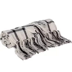 Charcoal and White Plaid Tassel Throw