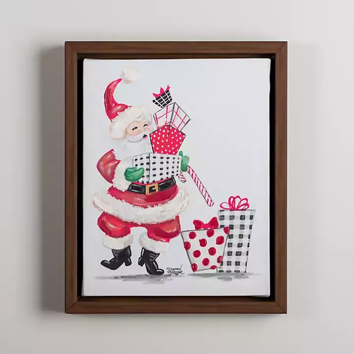 Cheery Santa with Presents Framed Canvas Art Print