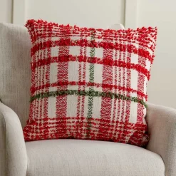 Chenille Red and Green Plaid Christmas Pillow