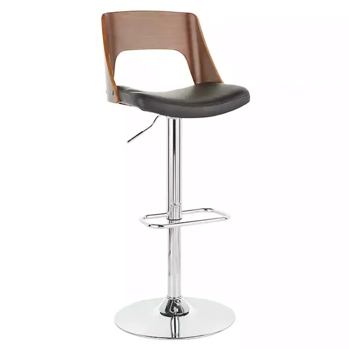 Cherry Wood and Black Leather Swivel Bar Stool