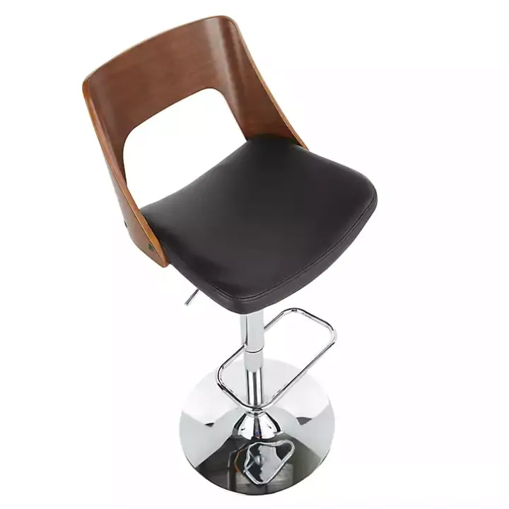 Cherry Wood and Black Leather Swivel Bar Stool