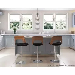 Cherry Wood and Black Leather Swivel Bar Stool