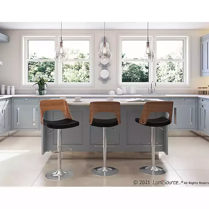 Cherry Wood and Black Leather Swivel Bar Stool