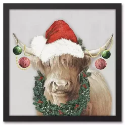 Christmas Highland Cow Black Framed Canvas Print
