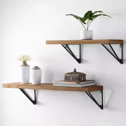 Classic Brown Wood Wall Shelves, Set of 2