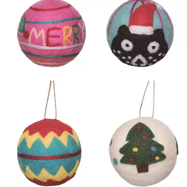 Colorful Tufted Christmas Tree Ornaments, Set of 4