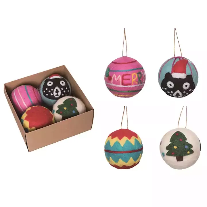 Colorful Tufted Christmas Tree Ornaments, Set of 4