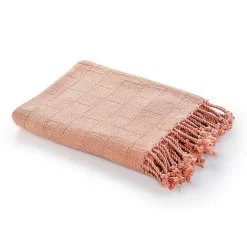 Coral Checkered Weave Fringe Throw