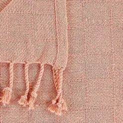 Coral Checkered Weave Fringe Throw