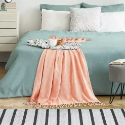 Coral Checkered Weave Fringe Throw