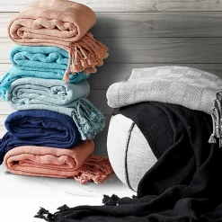 Coral Checkered Weave Fringe Throw