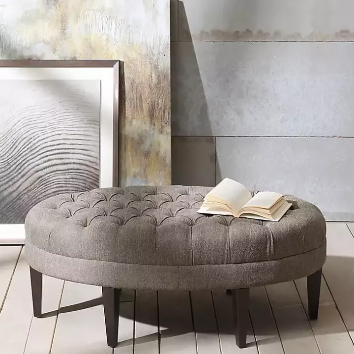 Cory Tufted Beige Linen Ottoman