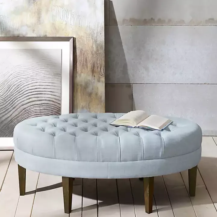 Cory Tufted Dusty Blue Linen Ottoman