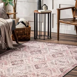 Cream & Red Diamond Trellis Washable Area Rug, 3x5