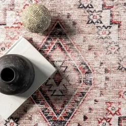 Cream & Red Diamond Trellis Washable Area Rug, 5x8