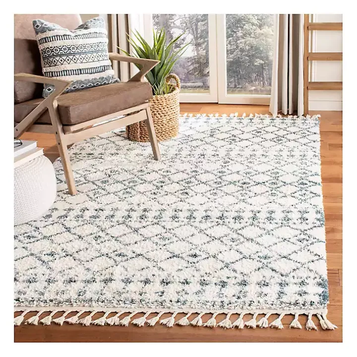 Cream and Blue Bergen Weathered Fringe Rug, 5x7