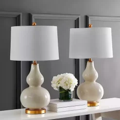 Cream and Gold Leaf Table Lamps, Set of 2