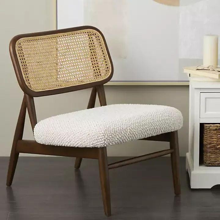 Cream Boucle & Rounded Rattan Back Accent Chair