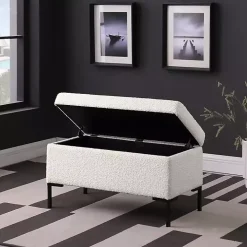 Cream Boucle Black Metal Storage Bench