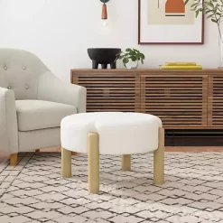 Cream Boucle Natural Wood Ottoman