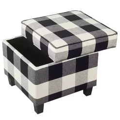 Cream Buffalo Plaid Upholstered Storage Ottoman