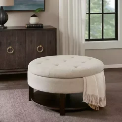 Cream Button Tufted Storage Ottoman