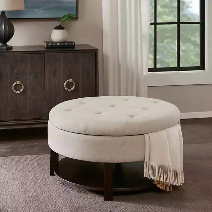 Cream Button Tufted Storage Ottoman
