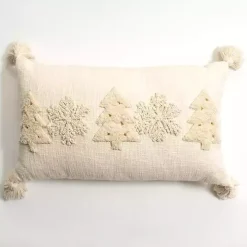 Cream Embroidered Trees Lumbar Pillow