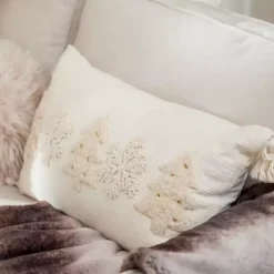 Cream Embroidered Trees Lumbar Pillow