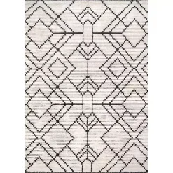 Cream Geometric Diamonds Fringed Area Rug, 7x10