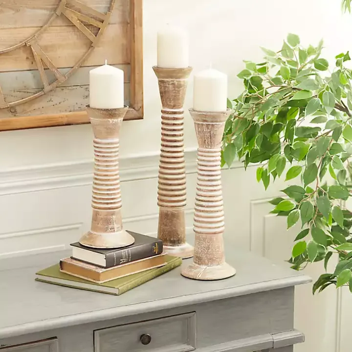Cream Mango Wood Candle Holders, Set of 3
