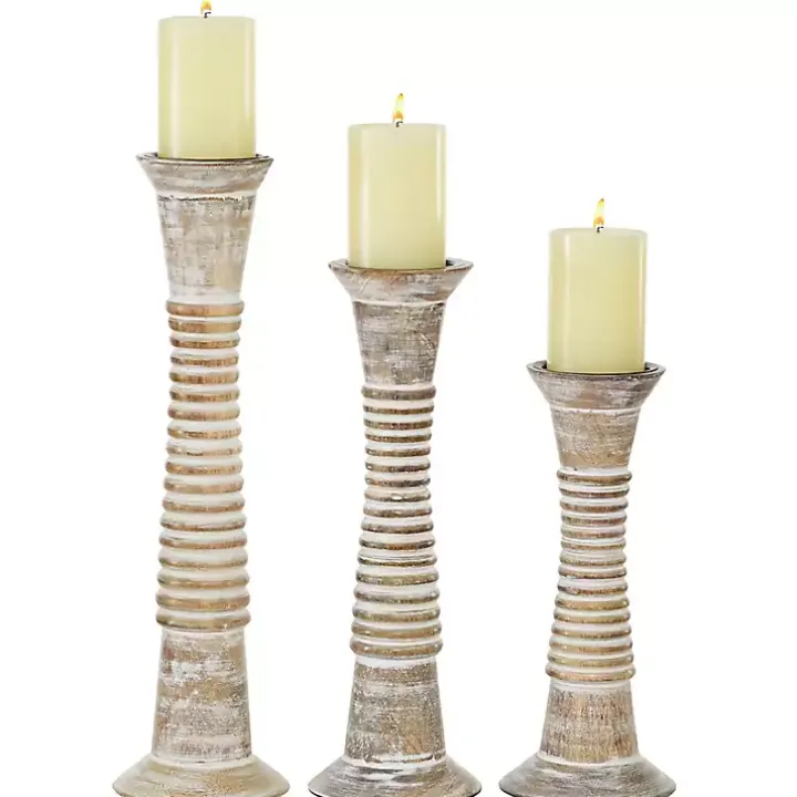 Cream Mango Wood Candle Holders, Set of 3