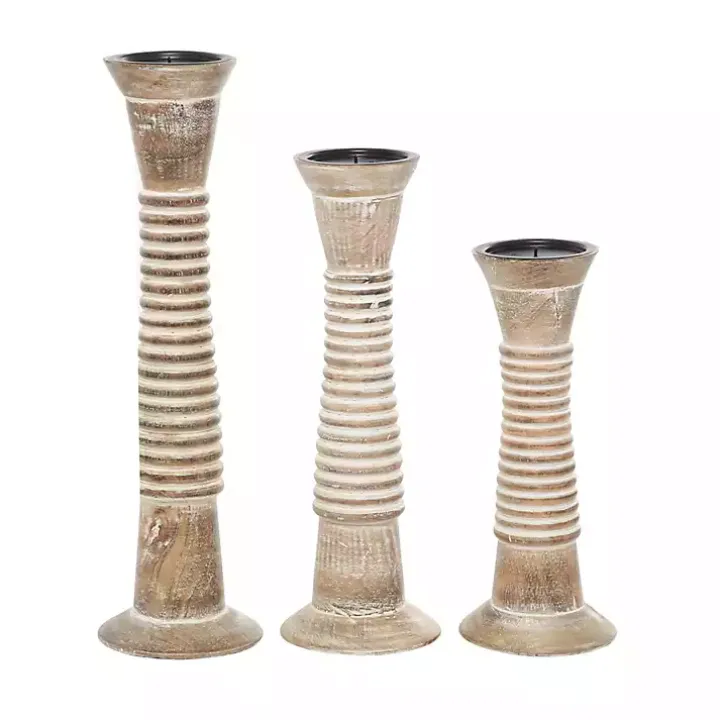 Cream Mango Wood Candle Holders, Set of 3