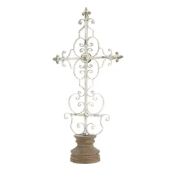 Cream Metal Ornate Cross Tabletop Sculpture