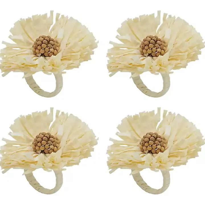 Cream Raffia Flower Napkin Rings, Set of 4