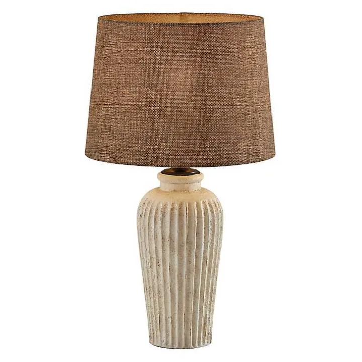 Cream Ribbed Ceramic Brown Shade Table Lamp