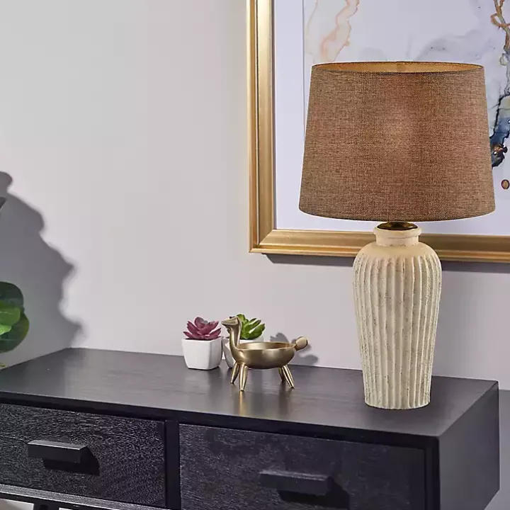 Cream Ribbed Ceramic Brown Shade Table Lamp
