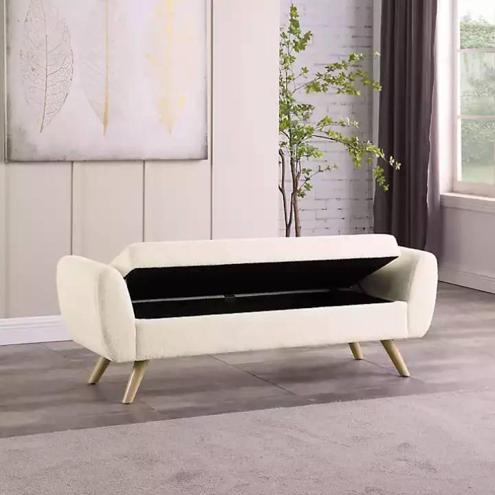Cream Sherpa and Wood Storage Bench
