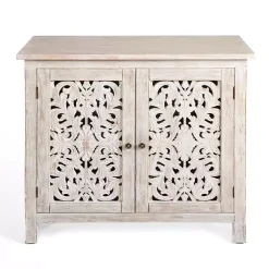Cream Washed Wood Carved Door Cabinet