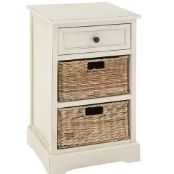 Cream Wood Side Table with Woven Baskets