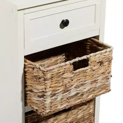 Cream Wood Side Table with Woven Baskets