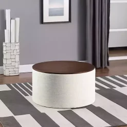 Cream Woven Wood Top Storage Ottoman