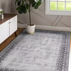 Dardon Gray Bordered Washable Area Rug, 5x7