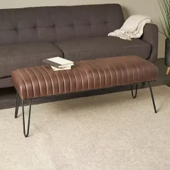 Dark Brown Leather Tufted Panel Bench