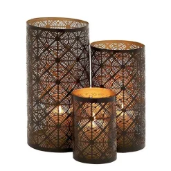 Dark Brown Pierced Metal Candle Holders, Set of 3