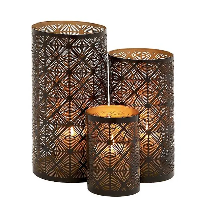 Dark Brown Pierced Metal Candle Holders, Set of 3