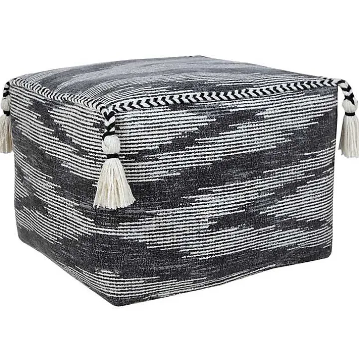 Dark Gray Tasseled Static Geo Cotton Square Pouf